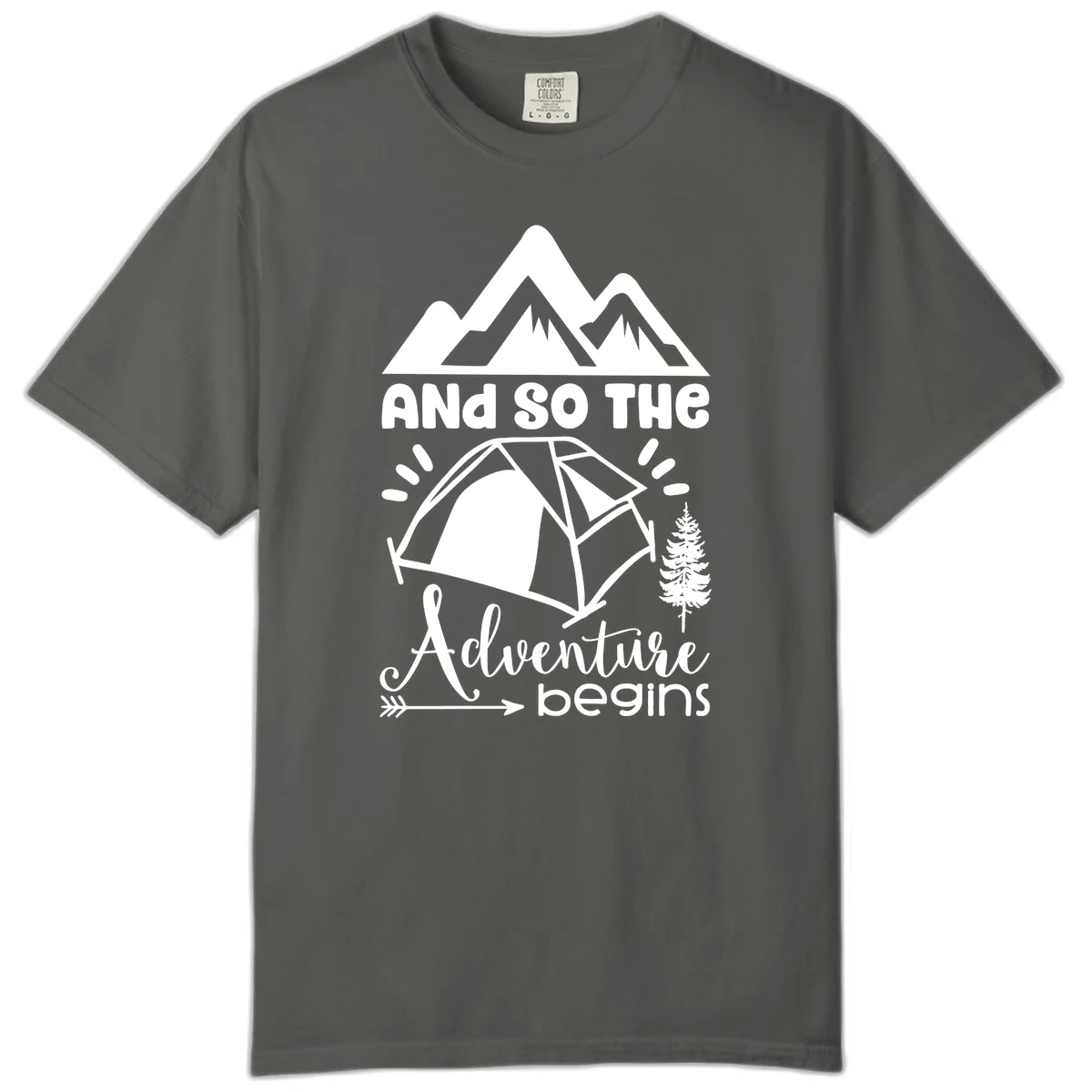 Adventure begins camping design with snow mountains, tent, tree, and motivational text on gray background in Pepper