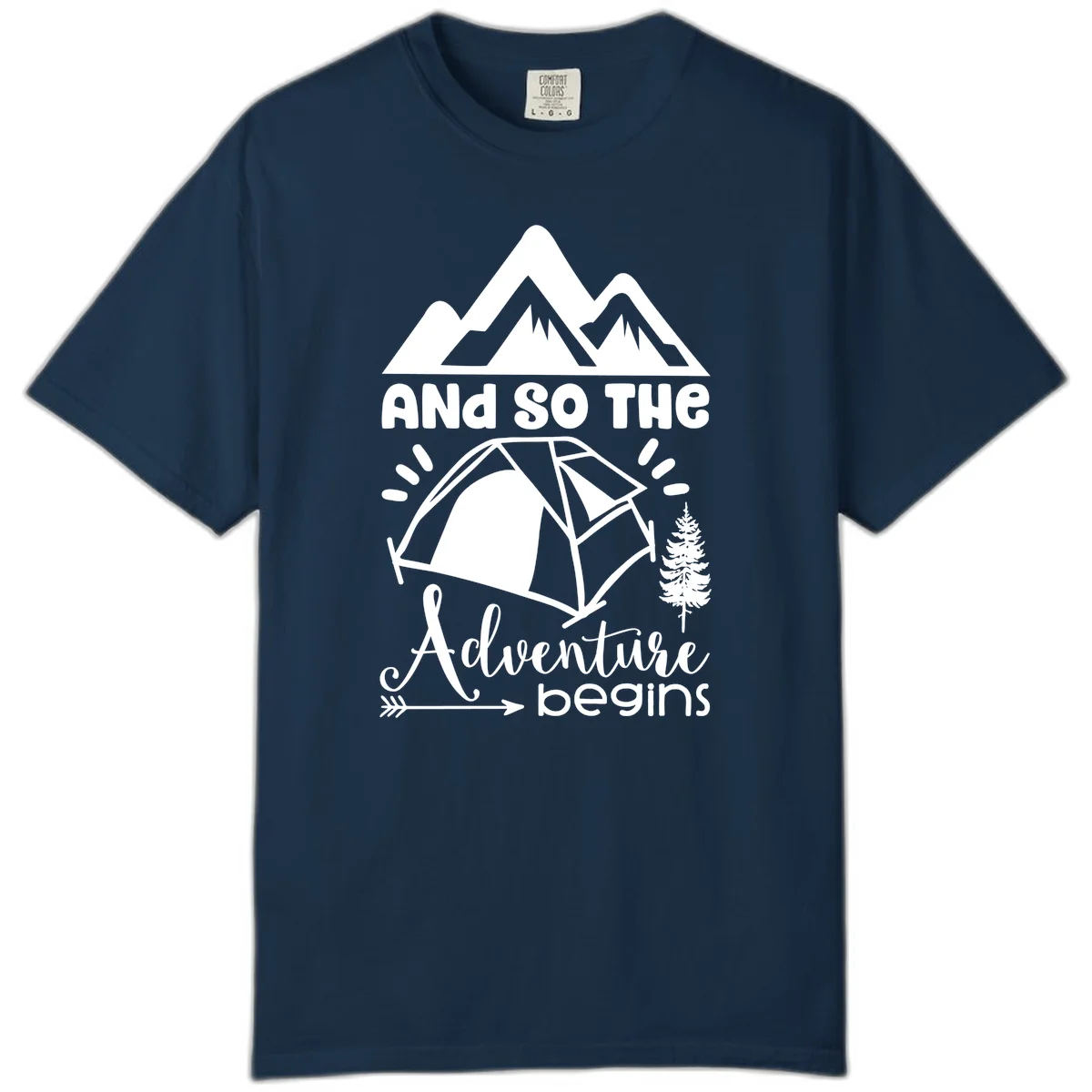 Adventure begins camping design with snow mountains, tent, tree, and motivational text on gray background in True Navy