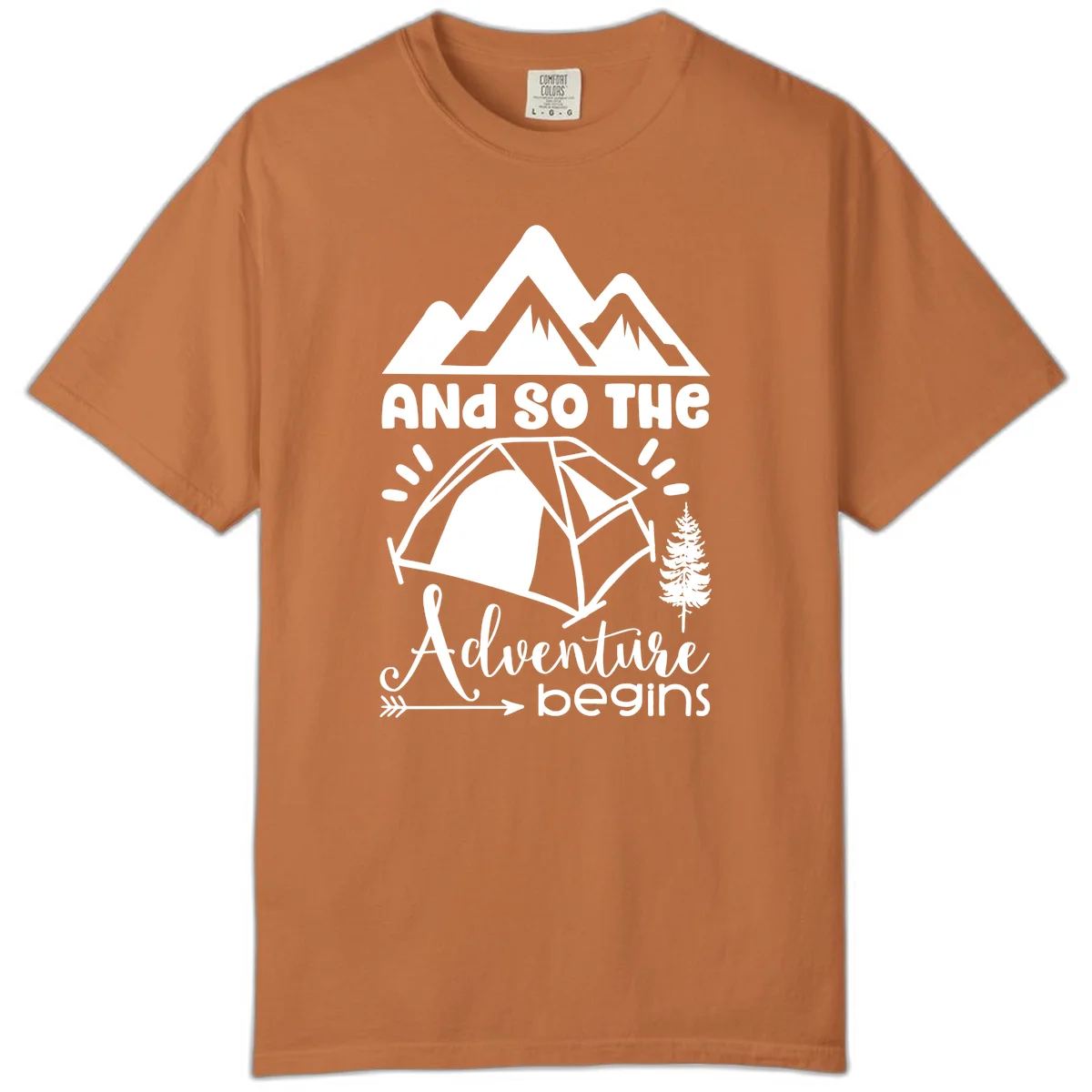 Adventure begins camping design with snow mountains, tent, tree, and motivational text on gray background in Yam