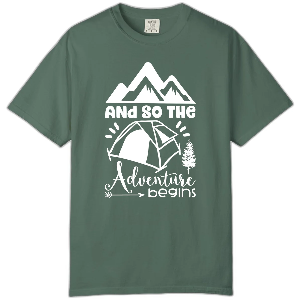 Adventure begins camping design with snow mountains, tent, tree, and motivational text on gray background in Blue Spruce