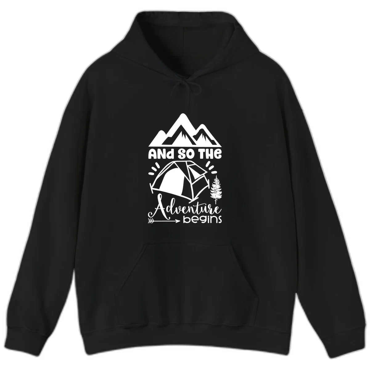 Adventure begins camping design with snow mountains, tent, tree, and motivational text on gray background in Black