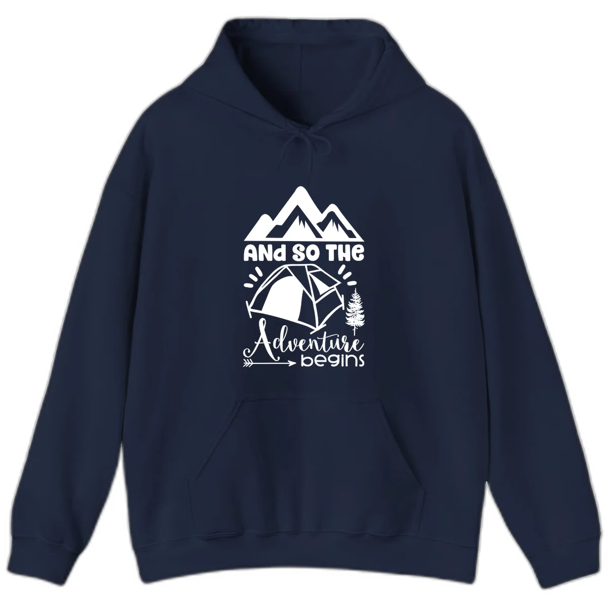Adventure begins camping design with snow mountains, tent, tree, and motivational text on gray background in Navy