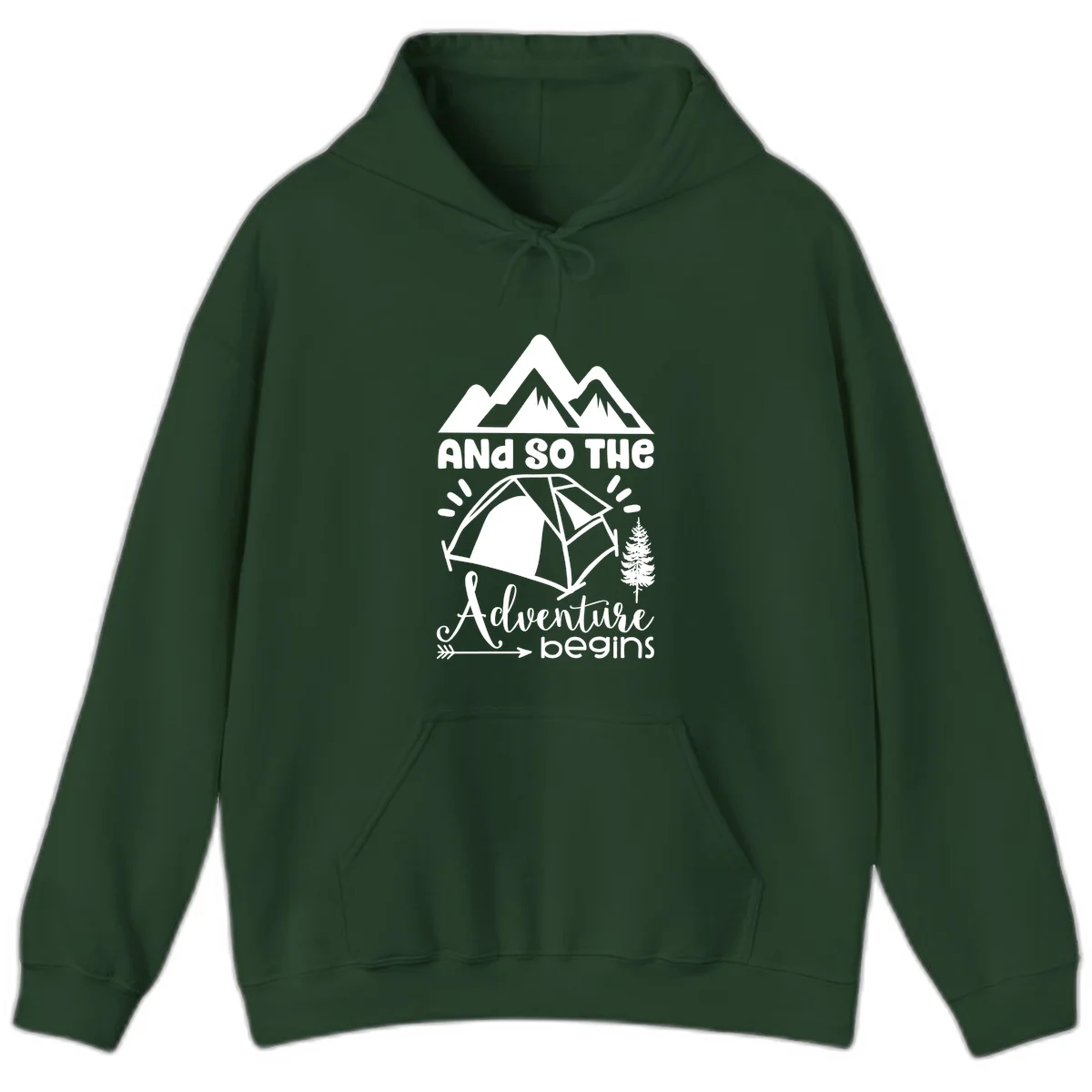 Adventure begins camping design with snow mountains, tent, tree, and motivational text on gray background in Forest Green