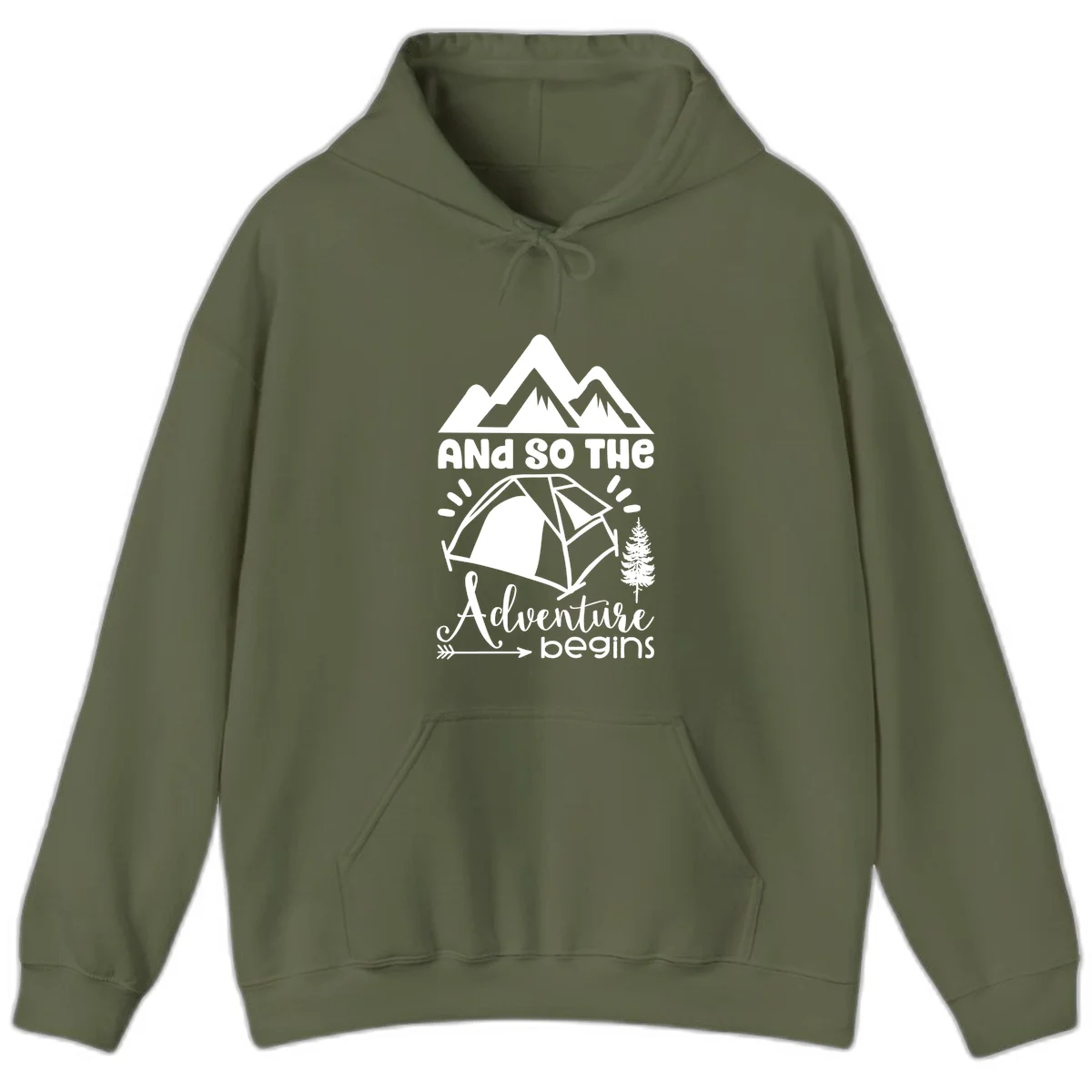 Adventure begins camping design with snow mountains, tent, tree, and motivational text on gray background in Military Green