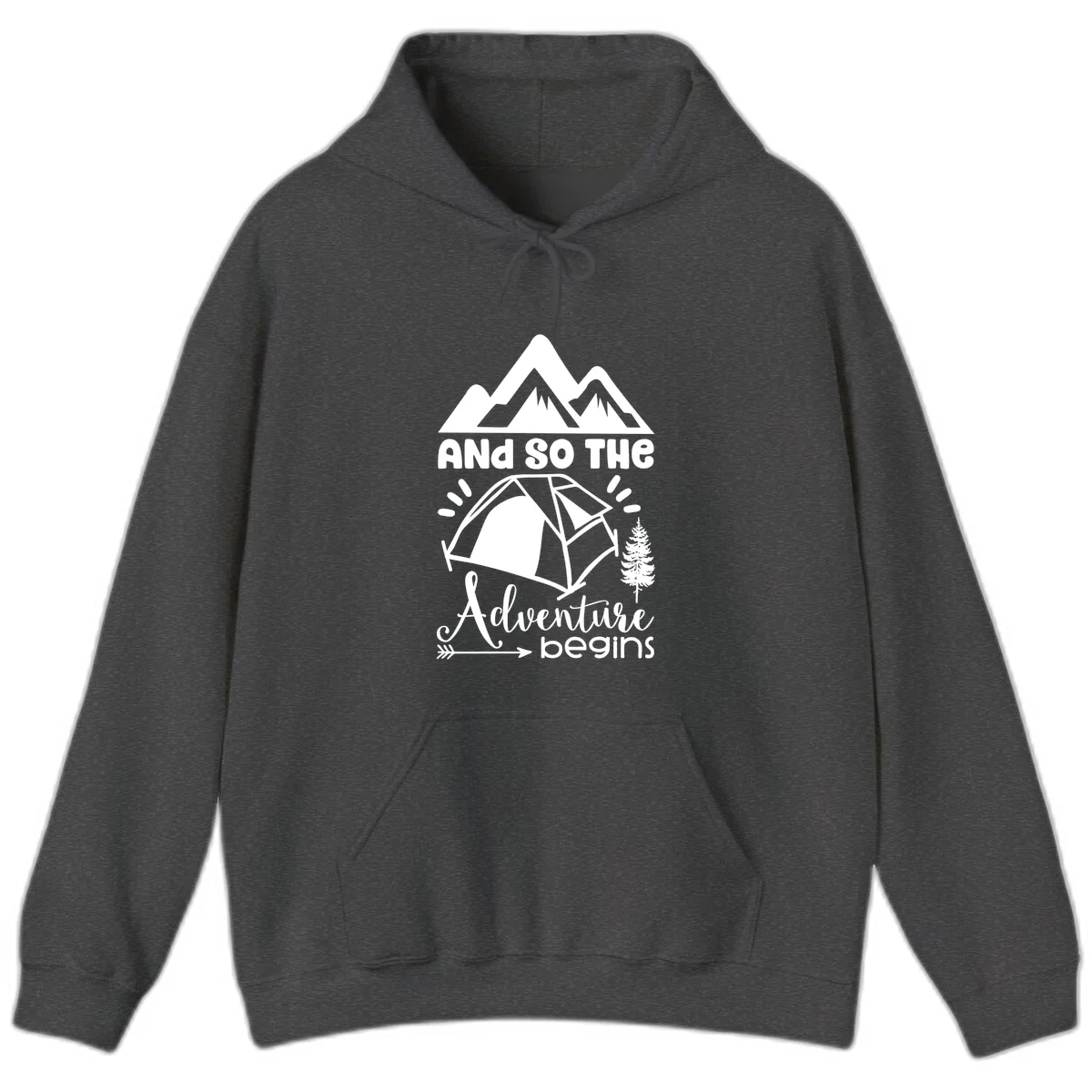 Adventure begins camping design with snow mountains, tent, tree, and motivational text on gray background in Dark Heather