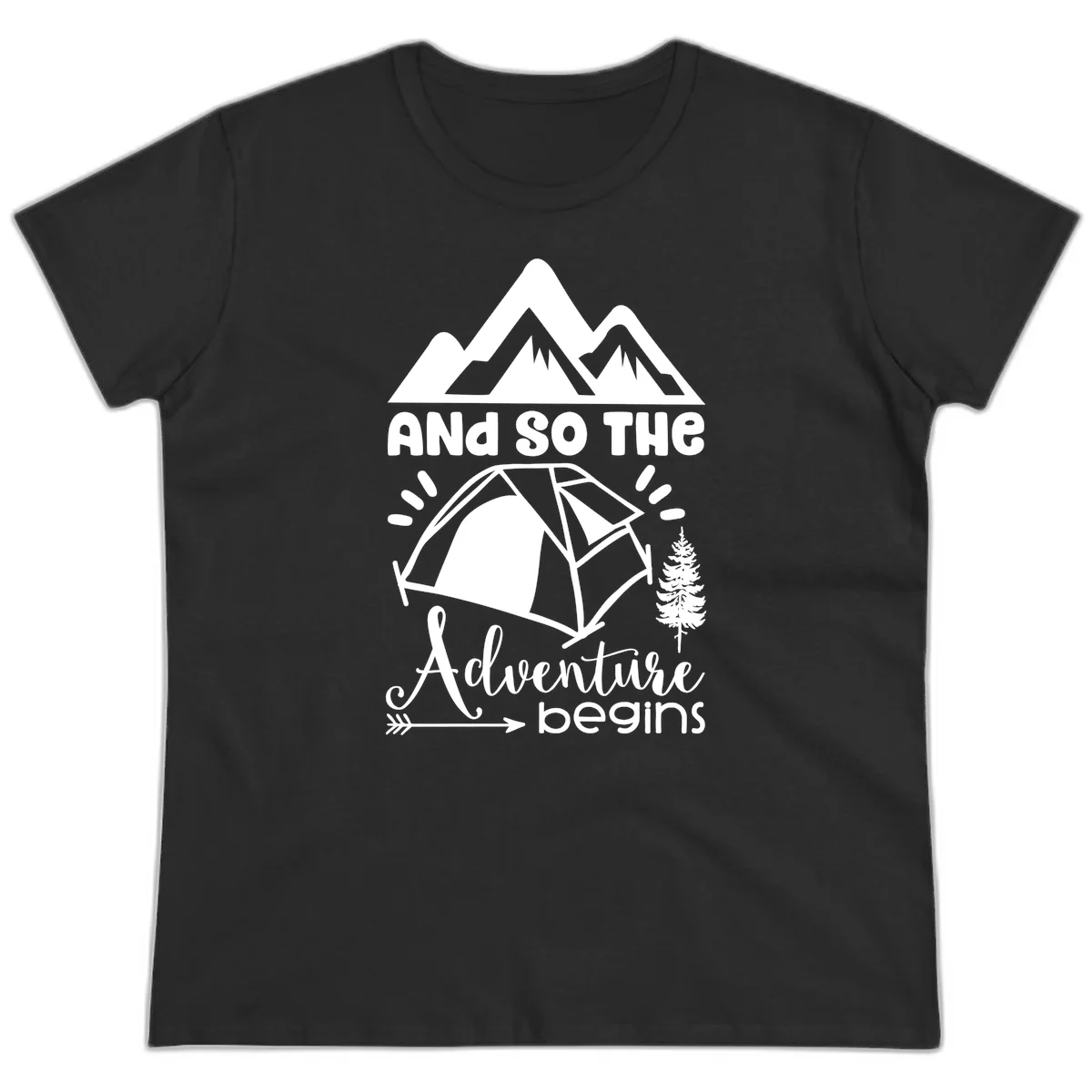 Adventure begins camping design with snow mountains, tent, tree, and motivational text on gray background in Black