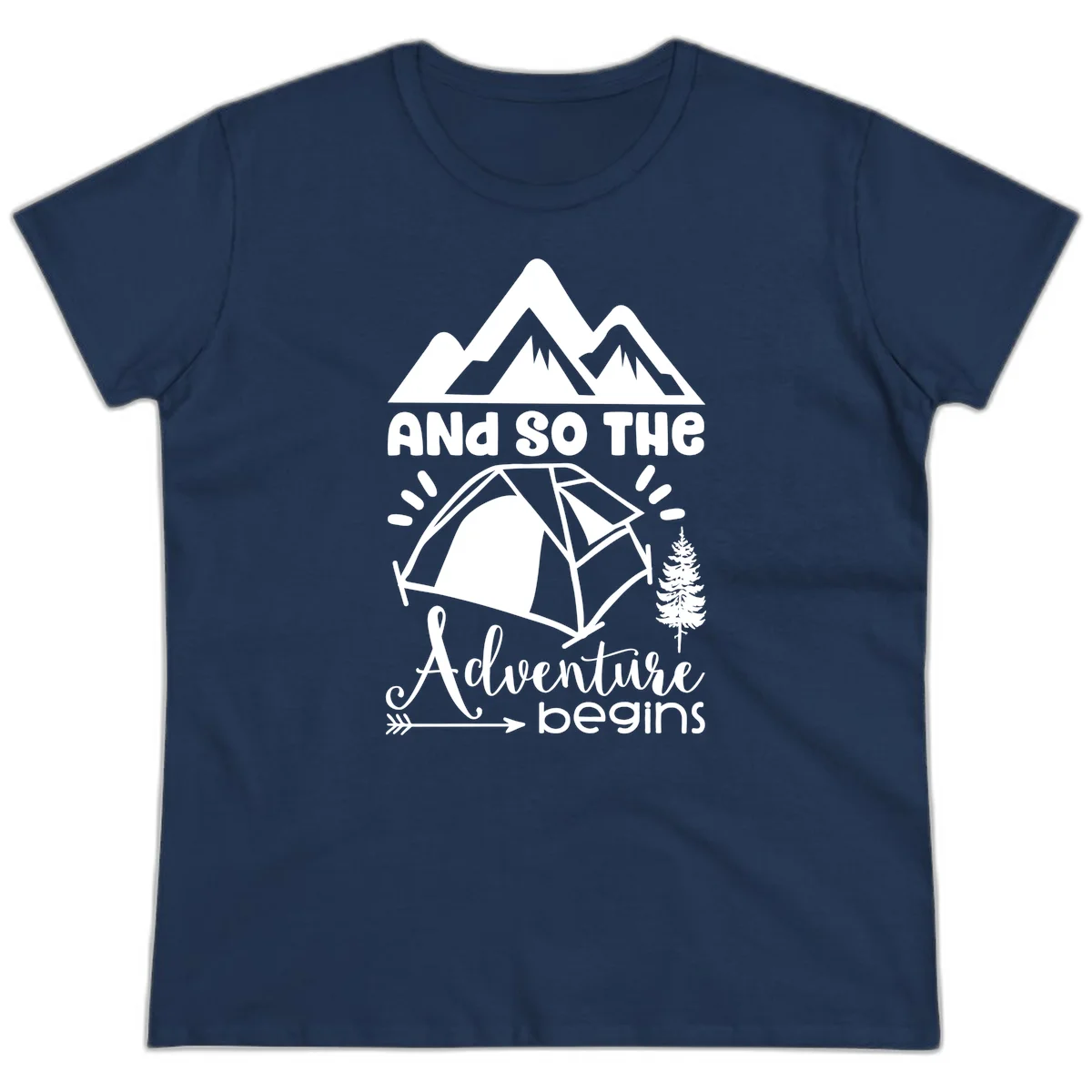 Adventure begins camping design with snow mountains, tent, tree, and motivational text on gray background in Navy