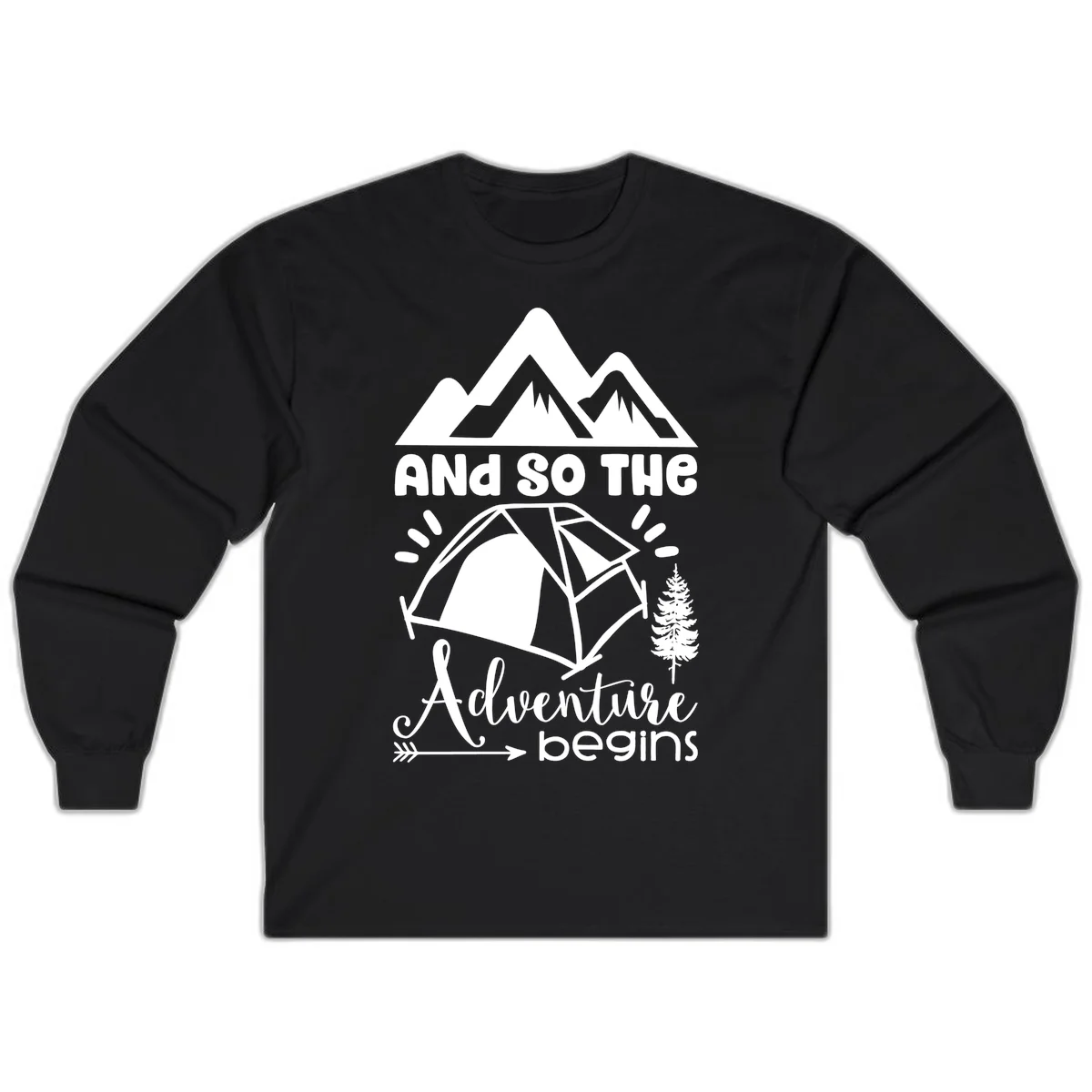 Adventure begins camping design with snow mountains, tent, tree, and motivational text on gray background in Black