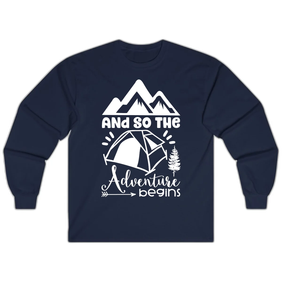 Adventure begins camping design with snow mountains, tent, tree, and motivational text on gray background in Navy