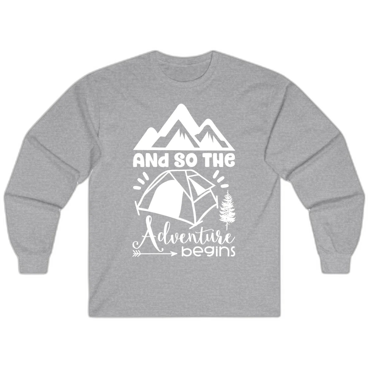 Adventure begins camping design with snow mountains, tent, tree, and motivational text on gray background in Sport Grey