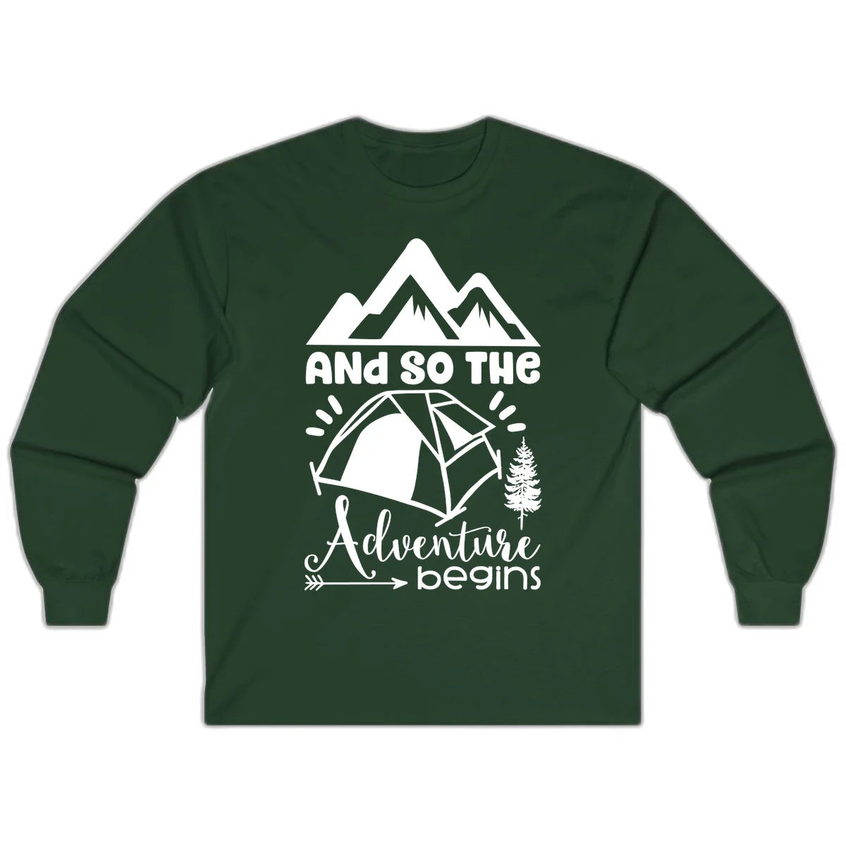 Adventure begins camping design with snow mountains, tent, tree, and motivational text on gray background in Forest Green