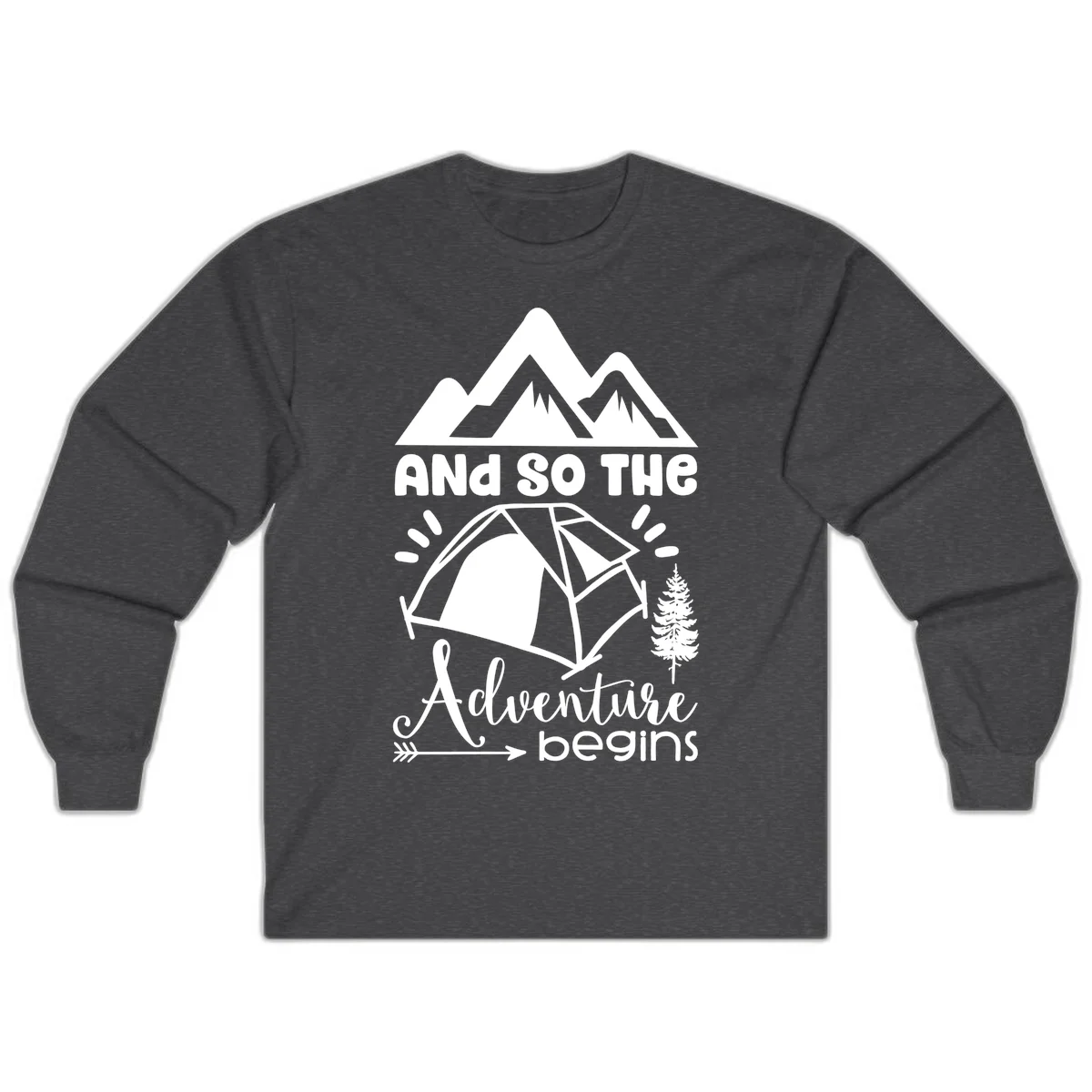 Adventure begins camping design with snow mountains, tent, tree, and motivational text on gray background in Dark Heather