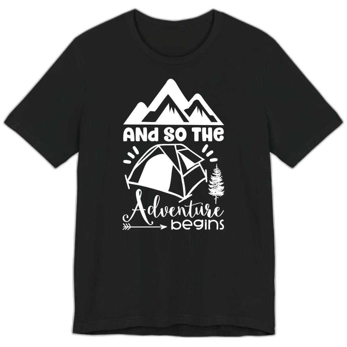 Adventure begins camping design with snow mountains, tent, tree, and motivational text on gray background in Black