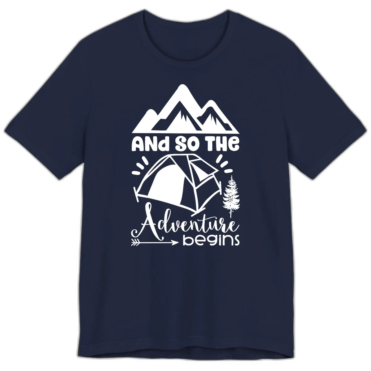 Adventure begins camping design with snow mountains, tent, tree, and motivational text on gray background in Navy