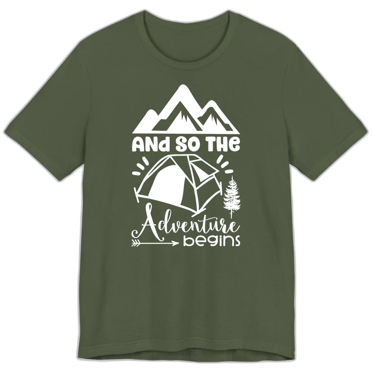 Adventure begins camping design with snow mountains, tent, tree, and motivational text on gray background in Military Green