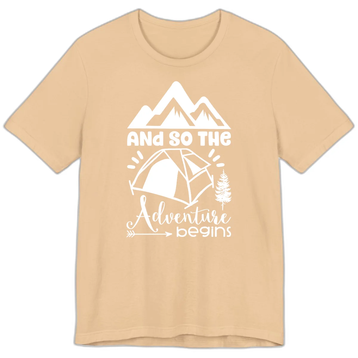 Adventure begins camping design with snow mountains, tent, tree, and motivational text on gray background in Sand Dune