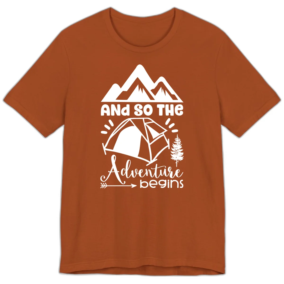 Adventure begins camping design with snow mountains, tent, tree, and motivational text on gray background in Autumn