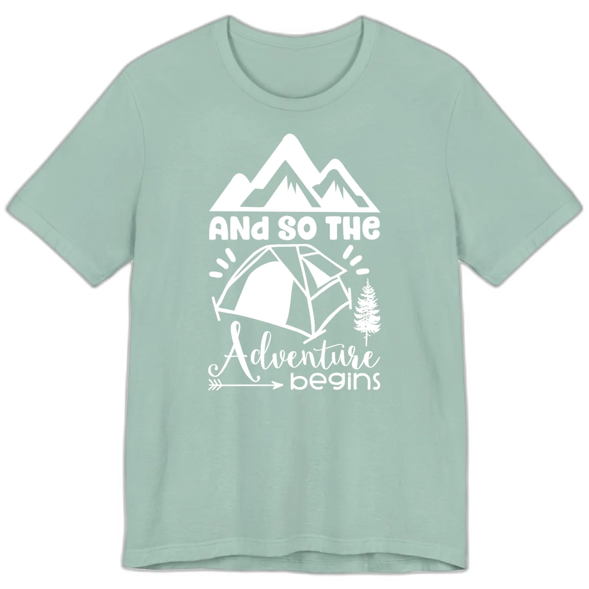 Adventure begins camping design with snow mountains, tent, tree, and motivational text on gray background in Dusty Blue