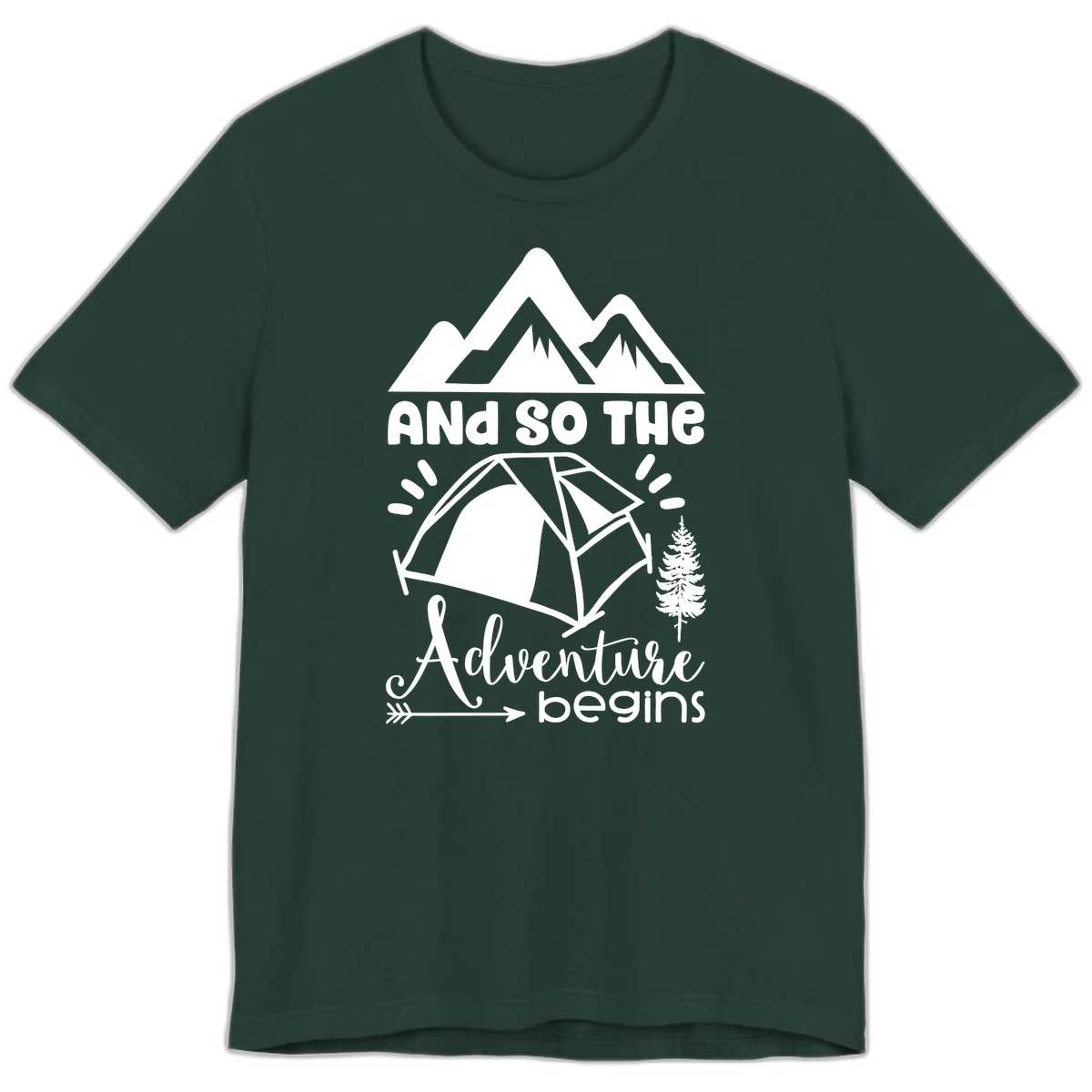 Adventure begins camping design with snow mountains, tent, tree, and motivational text on gray background in Forest