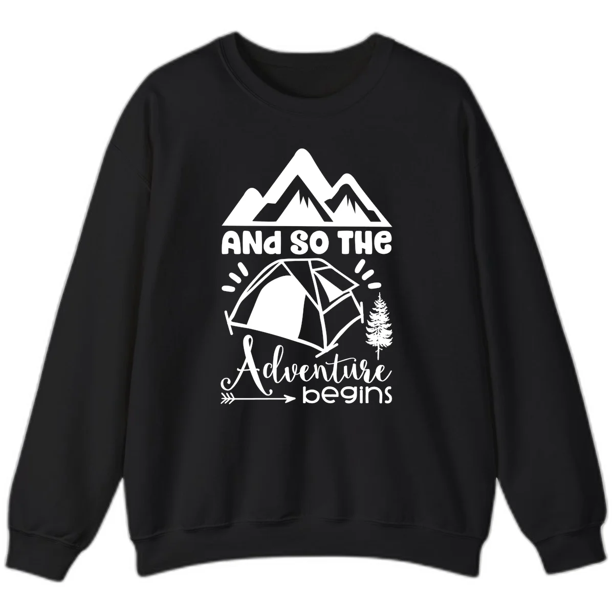 Adventure begins camping design with snow mountains, tent, tree, and motivational text on gray background in Black