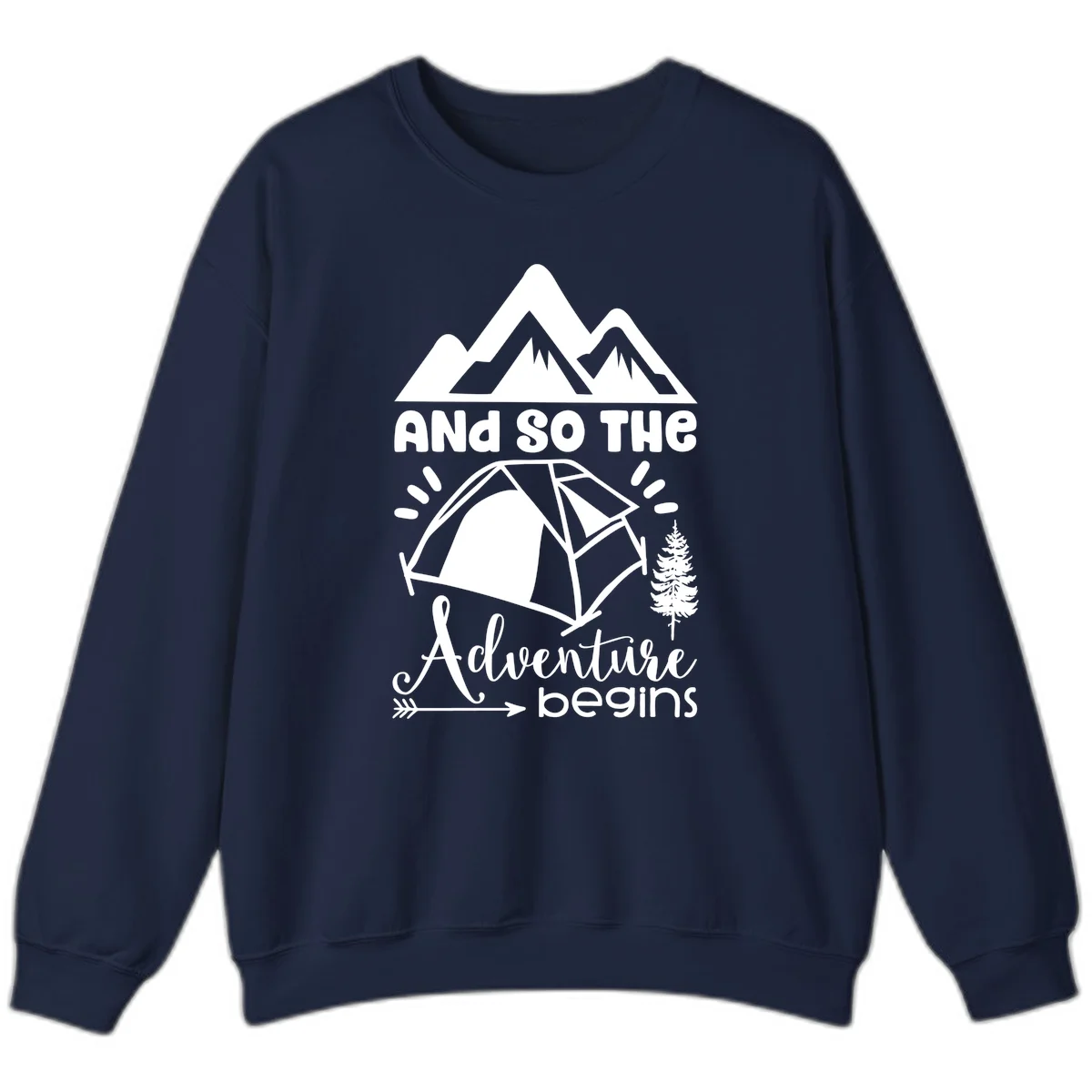 Adventure begins camping design with snow mountains, tent, tree, and motivational text on gray background in Navy