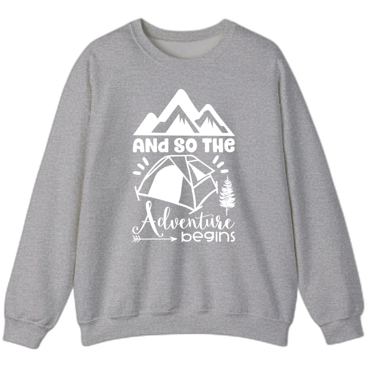 Adventure begins camping design with snow mountains, tent, tree, and motivational text on gray background in Sport Grey