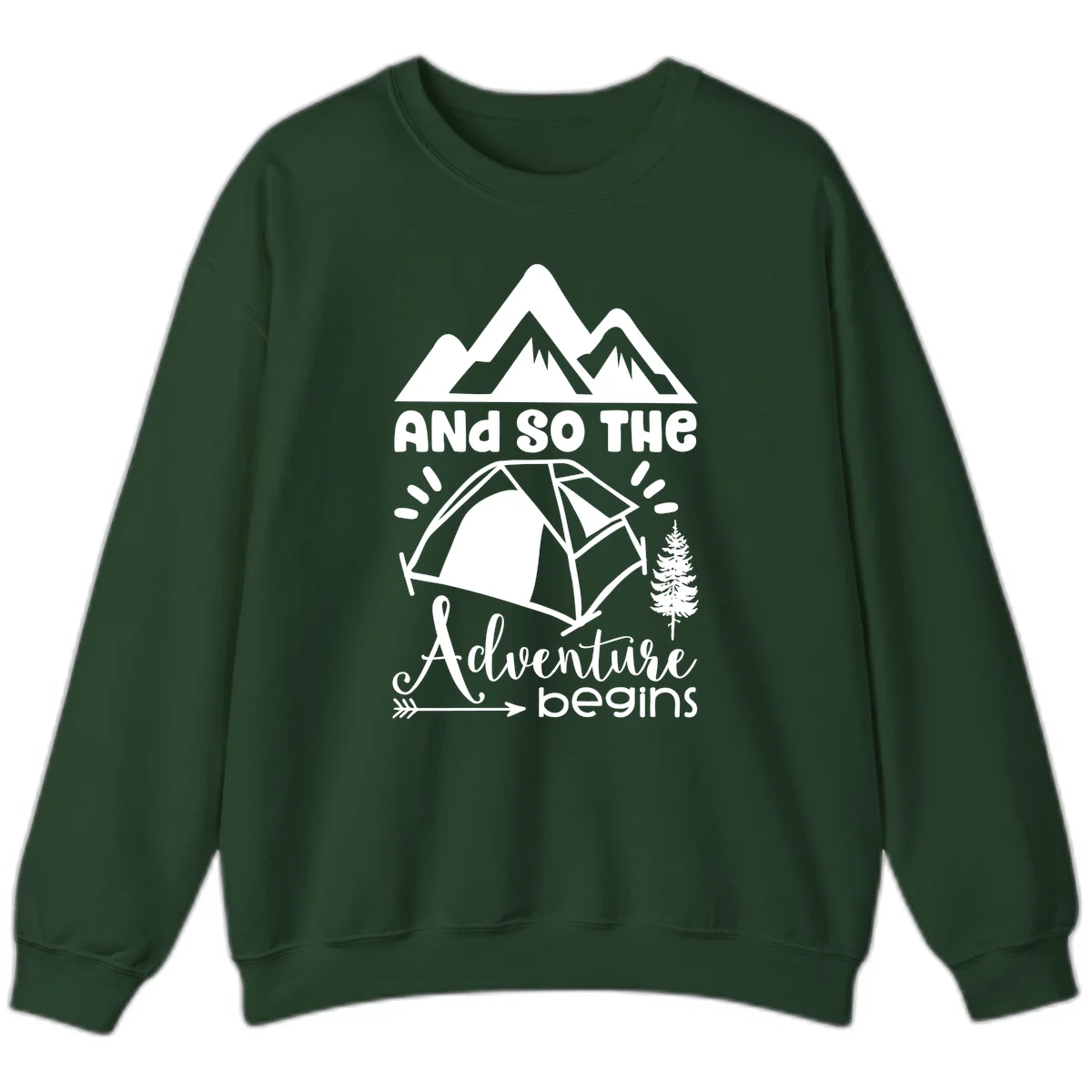 Adventure begins camping design with snow mountains, tent, tree, and motivational text on gray background in Forest Green