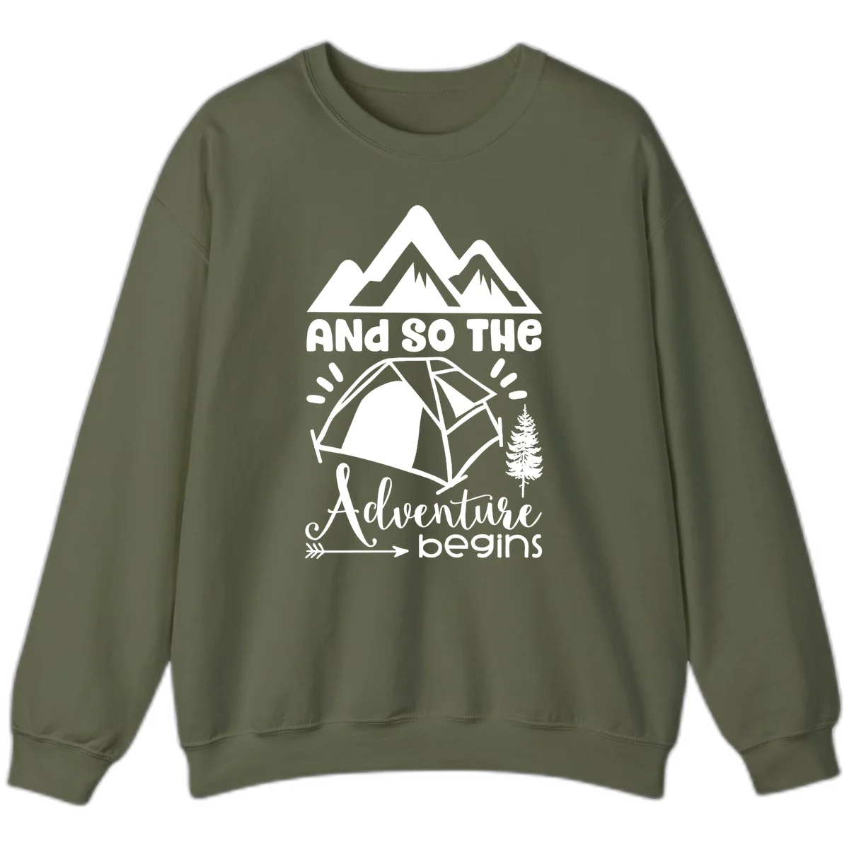 Adventure begins camping design with snow mountains, tent, tree, and motivational text on gray background in Military Green