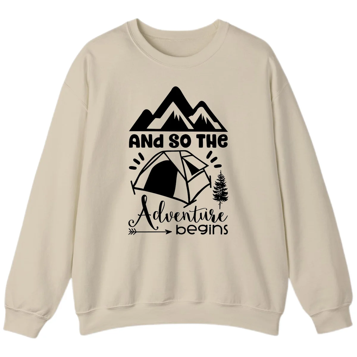 Adventure begins camping design with snow mountains, tent, tree, and motivational text on gray background in Sand