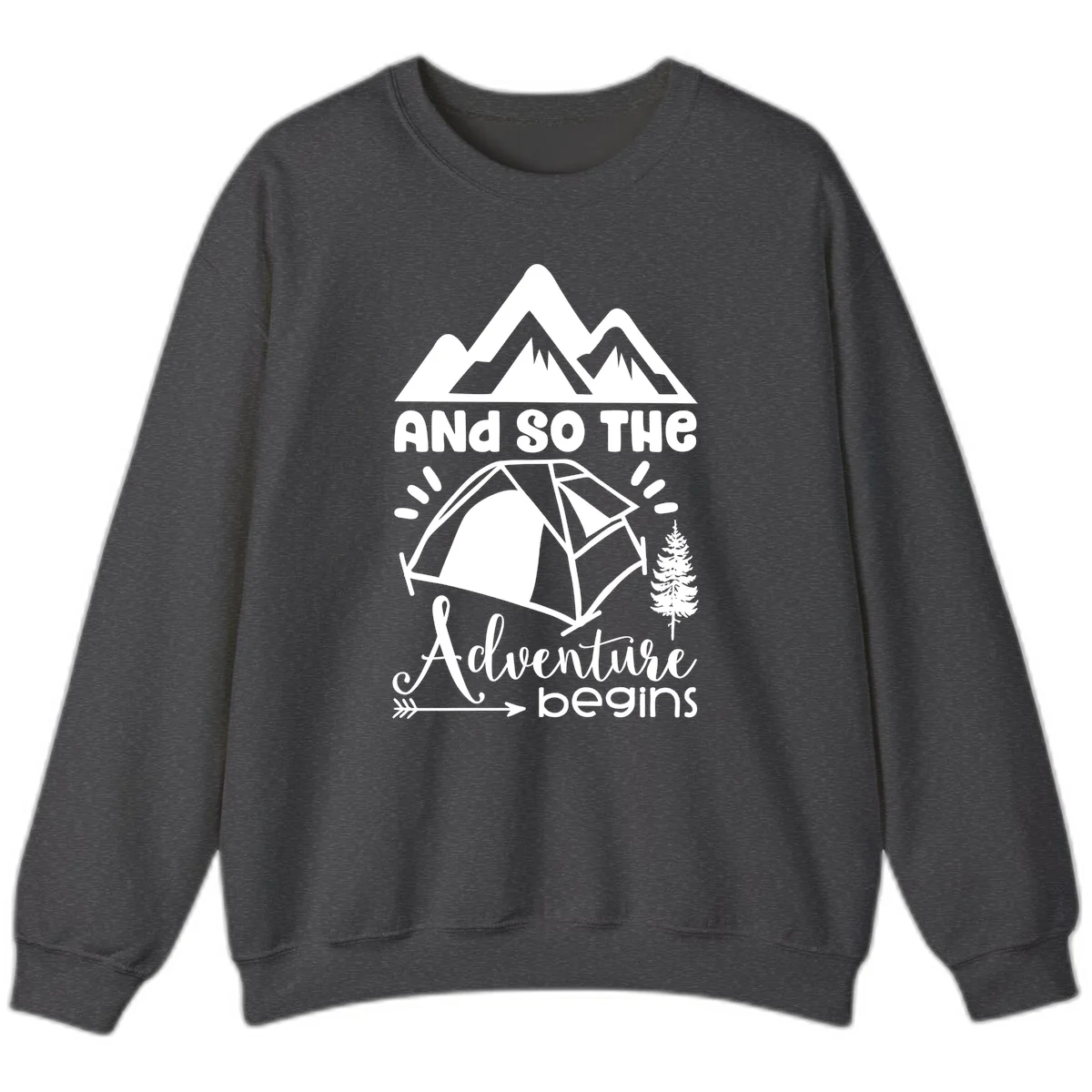 Adventure begins camping design with snow mountains, tent, tree, and motivational text on gray background in Dark Heather