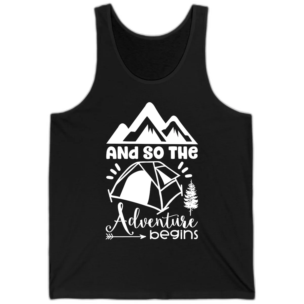 Adventure begins camping design with snow mountains, tent, tree, and motivational text on gray background in Black