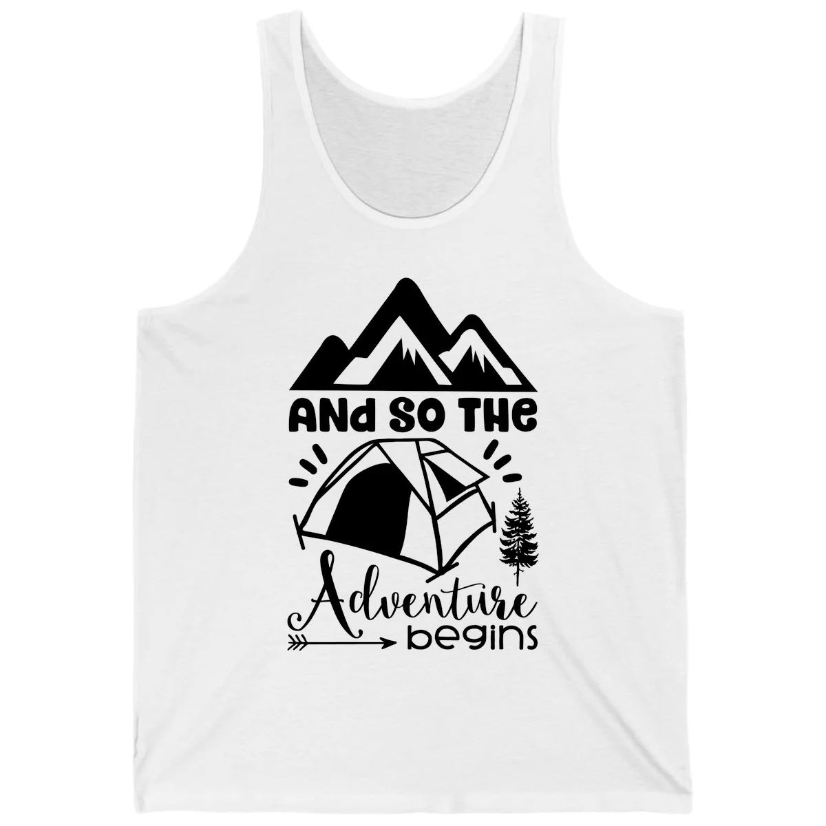Adventure begins camping design with snow mountains, tent, tree, and motivational text on gray background in White
