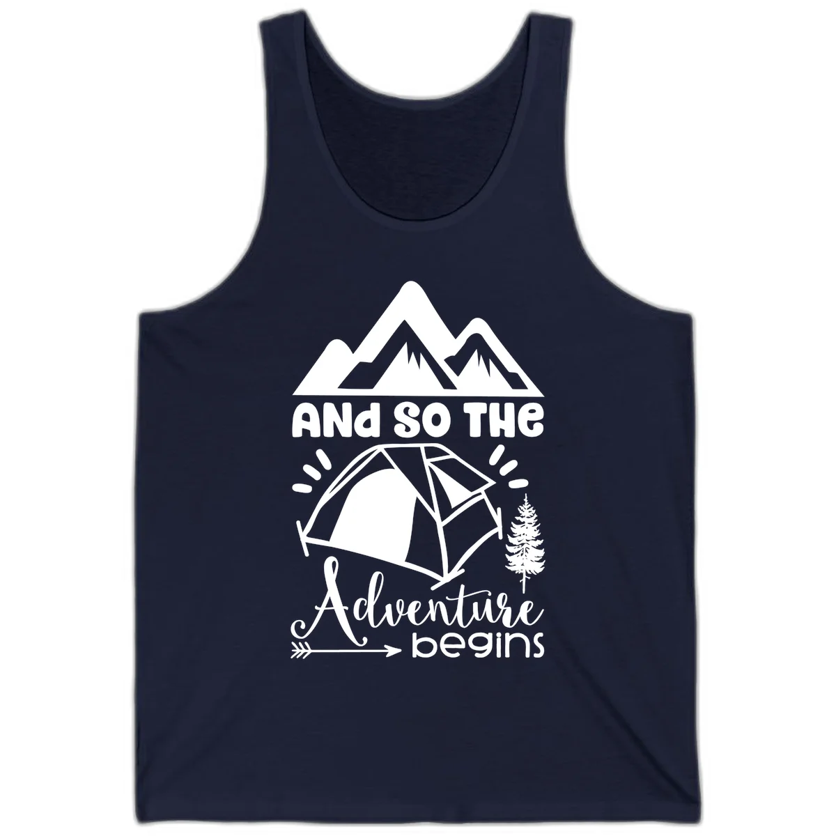 Adventure begins camping design with snow mountains, tent, tree, and motivational text on gray background in Navy