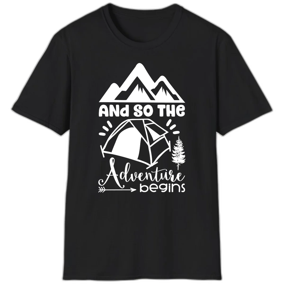 Adventure begins camping design with snow mountains, tent, tree, and motivational text on gray background in Black