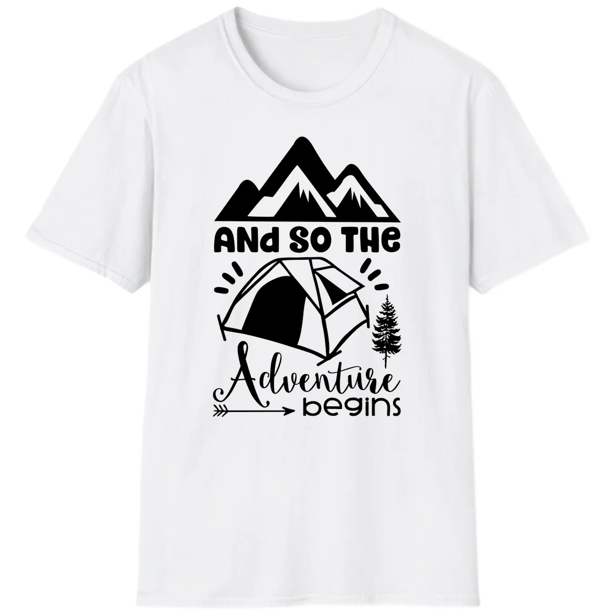 Adventure begins camping design with snow mountains, tent, tree, and motivational text on gray background in White