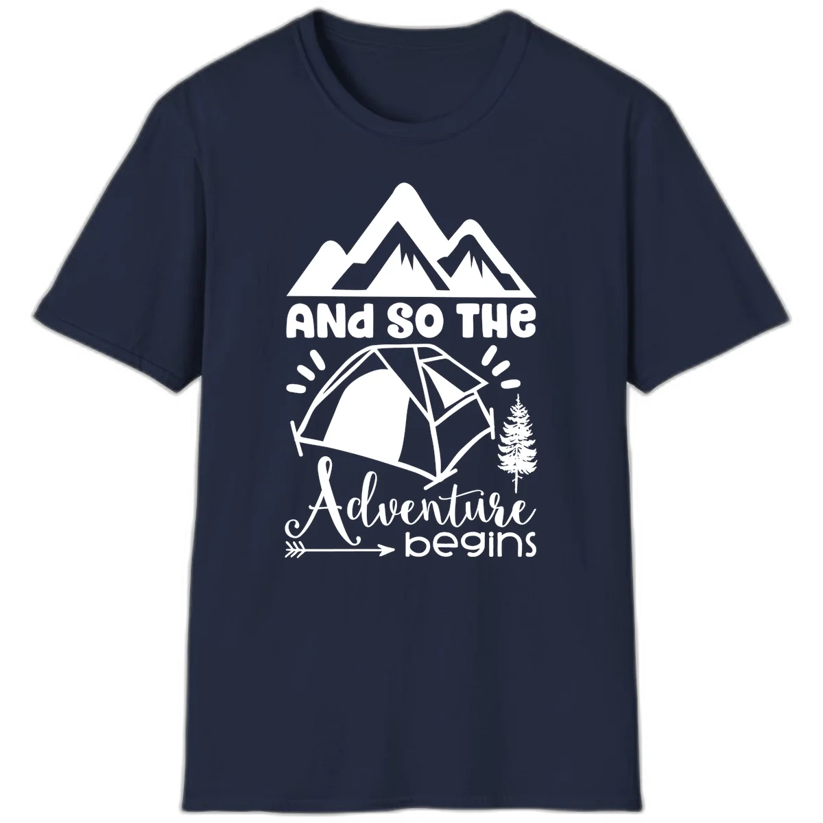 Adventure begins camping design with snow mountains, tent, tree, and motivational text on gray background in Navy