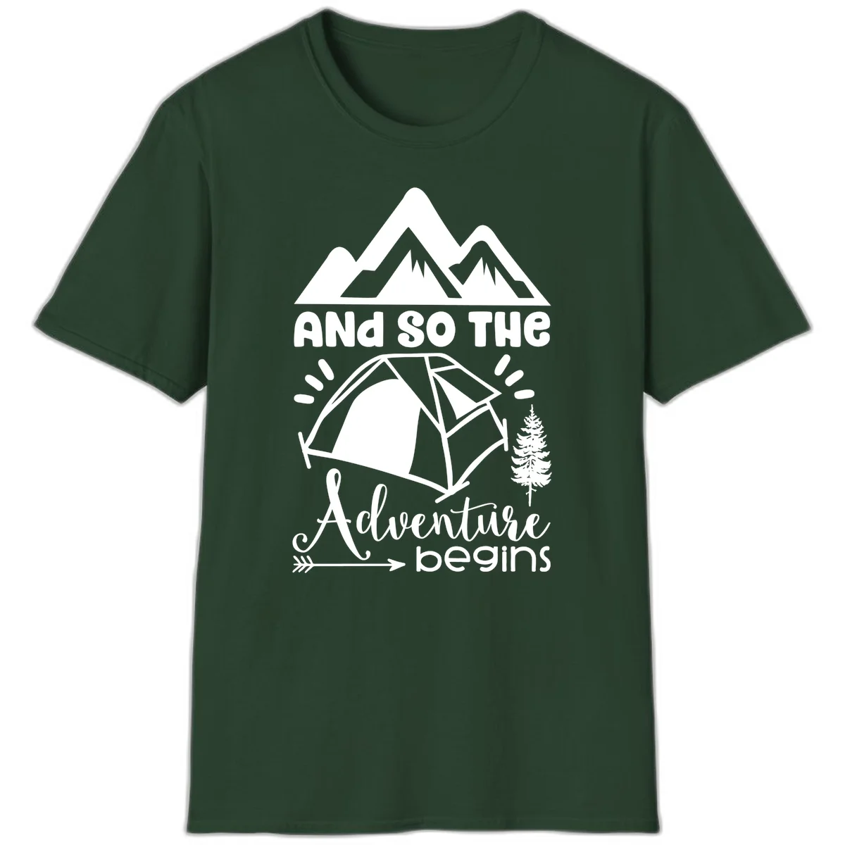 Adventure begins camping design with snow mountains, tent, tree, and motivational text on gray background in Forest Green