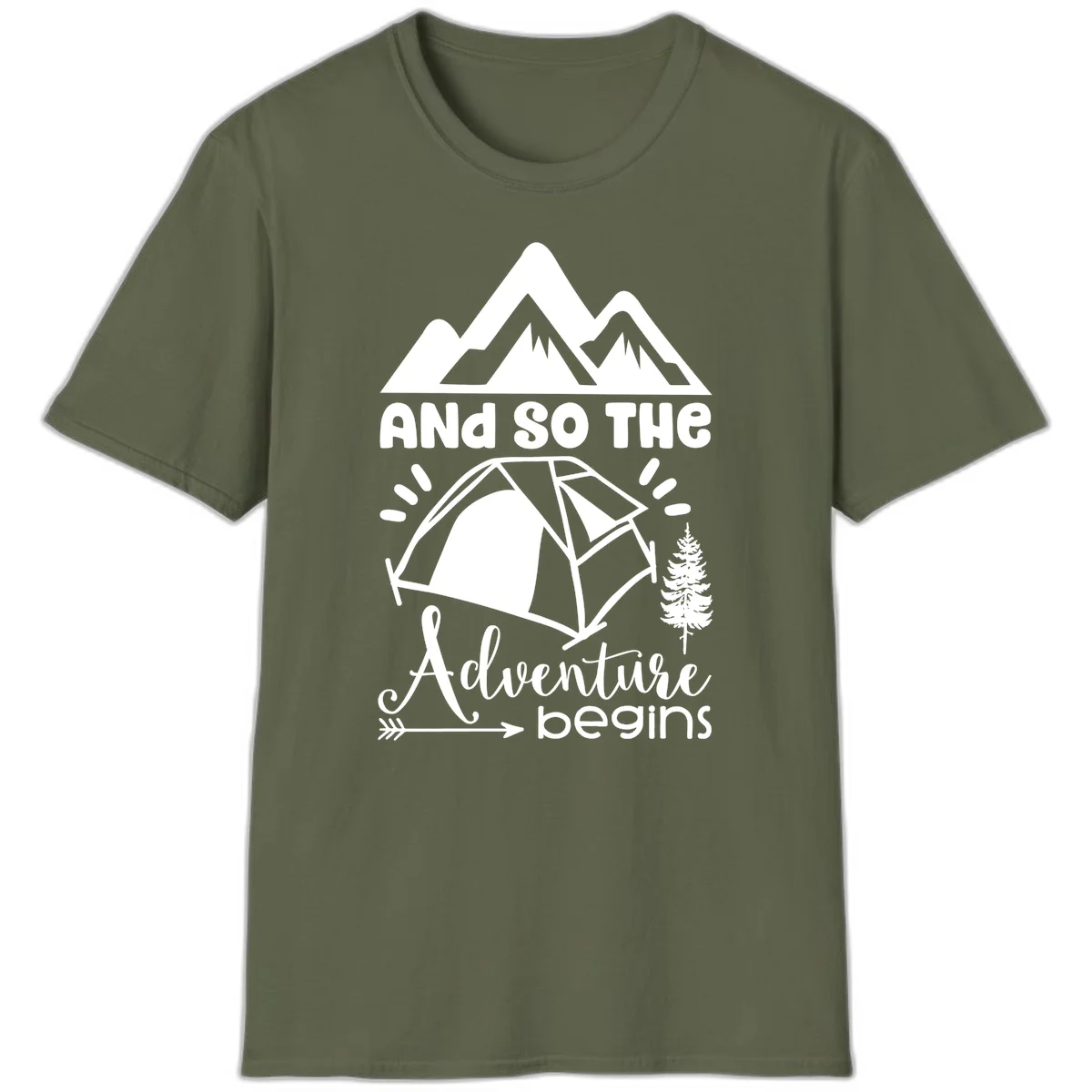 Adventure begins camping design with snow mountains, tent, tree, and motivational text on gray background in Military Green