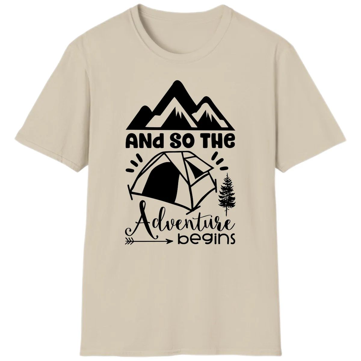Adventure begins camping design with snow mountains, tent, tree, and motivational text on gray background in Sand