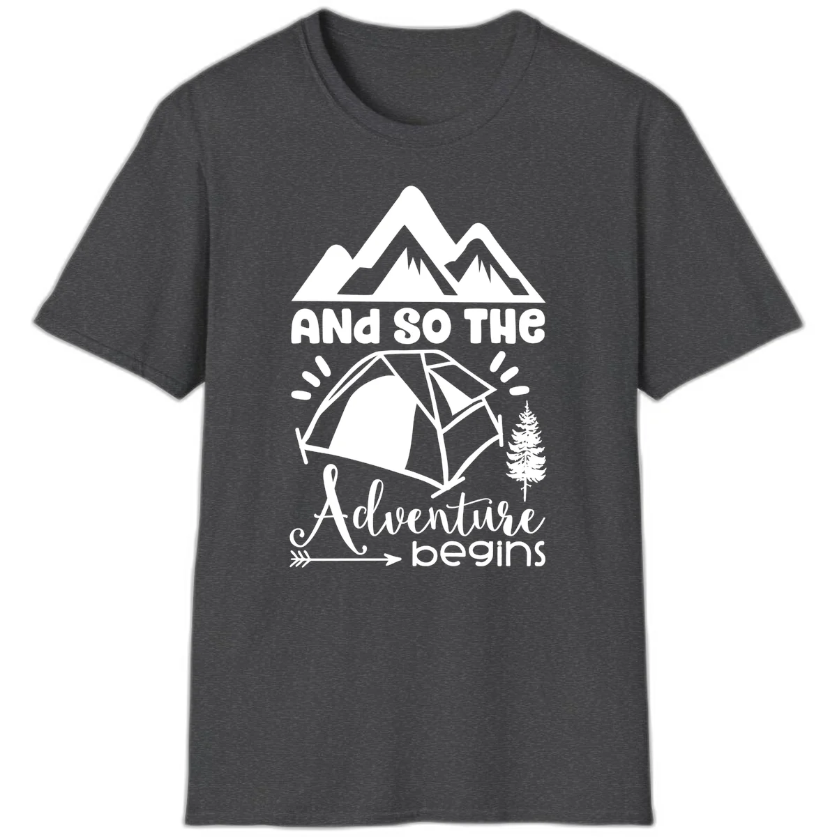 Adventure begins camping design with snow mountains, tent, tree, and motivational text on gray background in Dark Heather