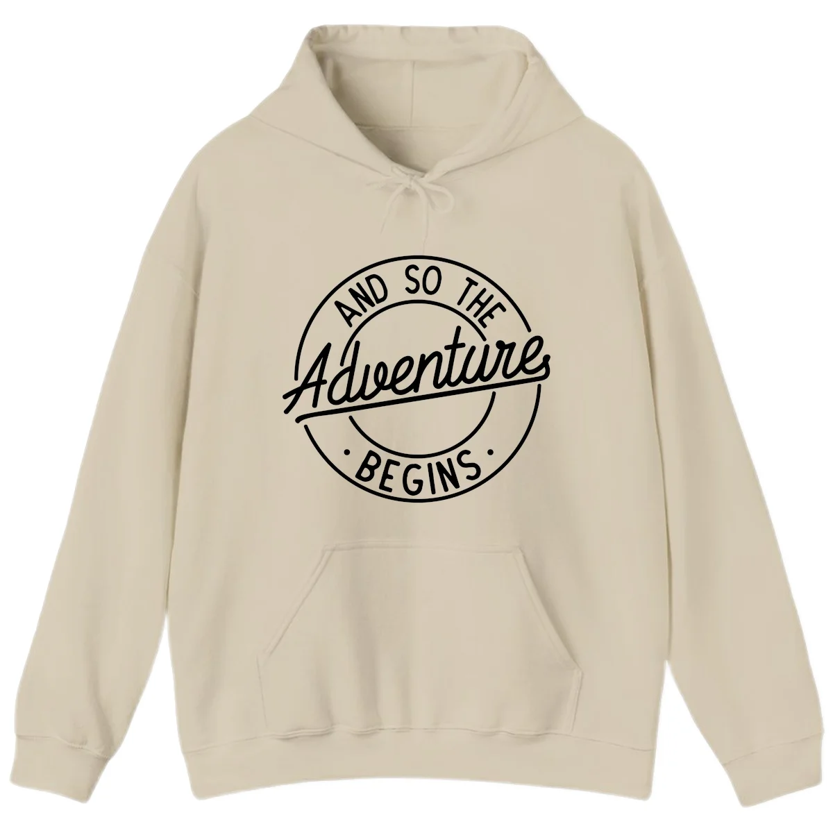 Vintage circular badge design with white text reading 'And So The Adventure Begins' on gray background in Sand