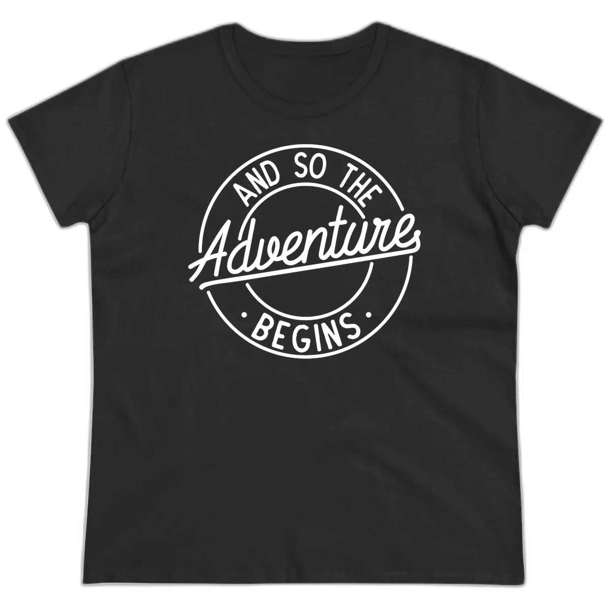 Vintage circular badge design with white text reading 'And So The Adventure Begins' on gray background in Black