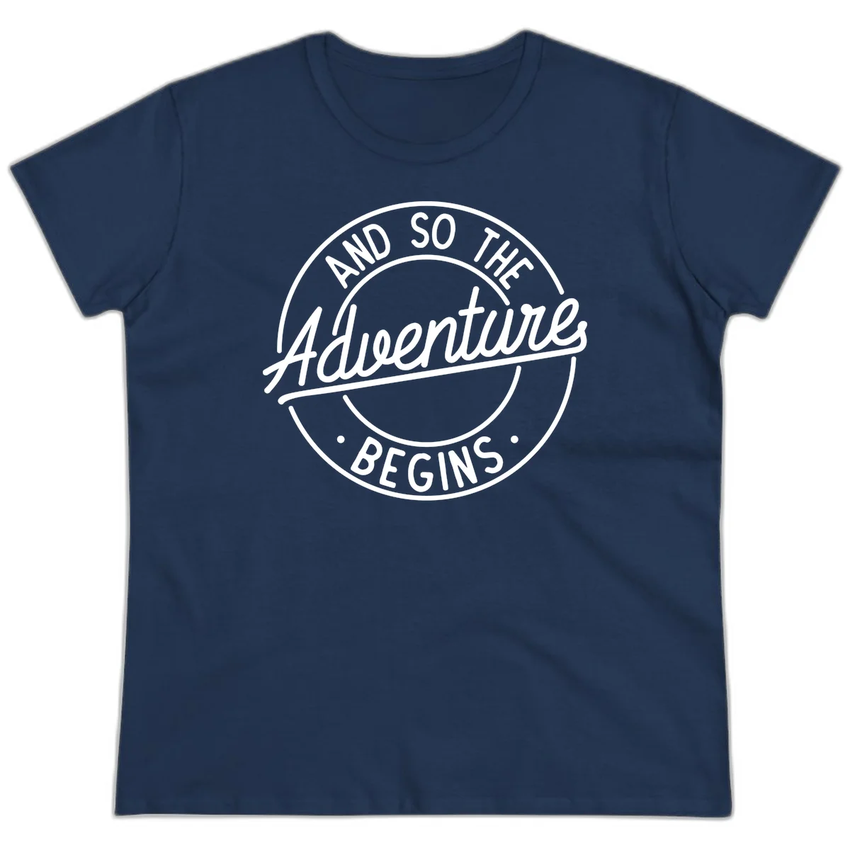 Vintage circular badge design with white text reading 'And So The Adventure Begins' on gray background in Navy