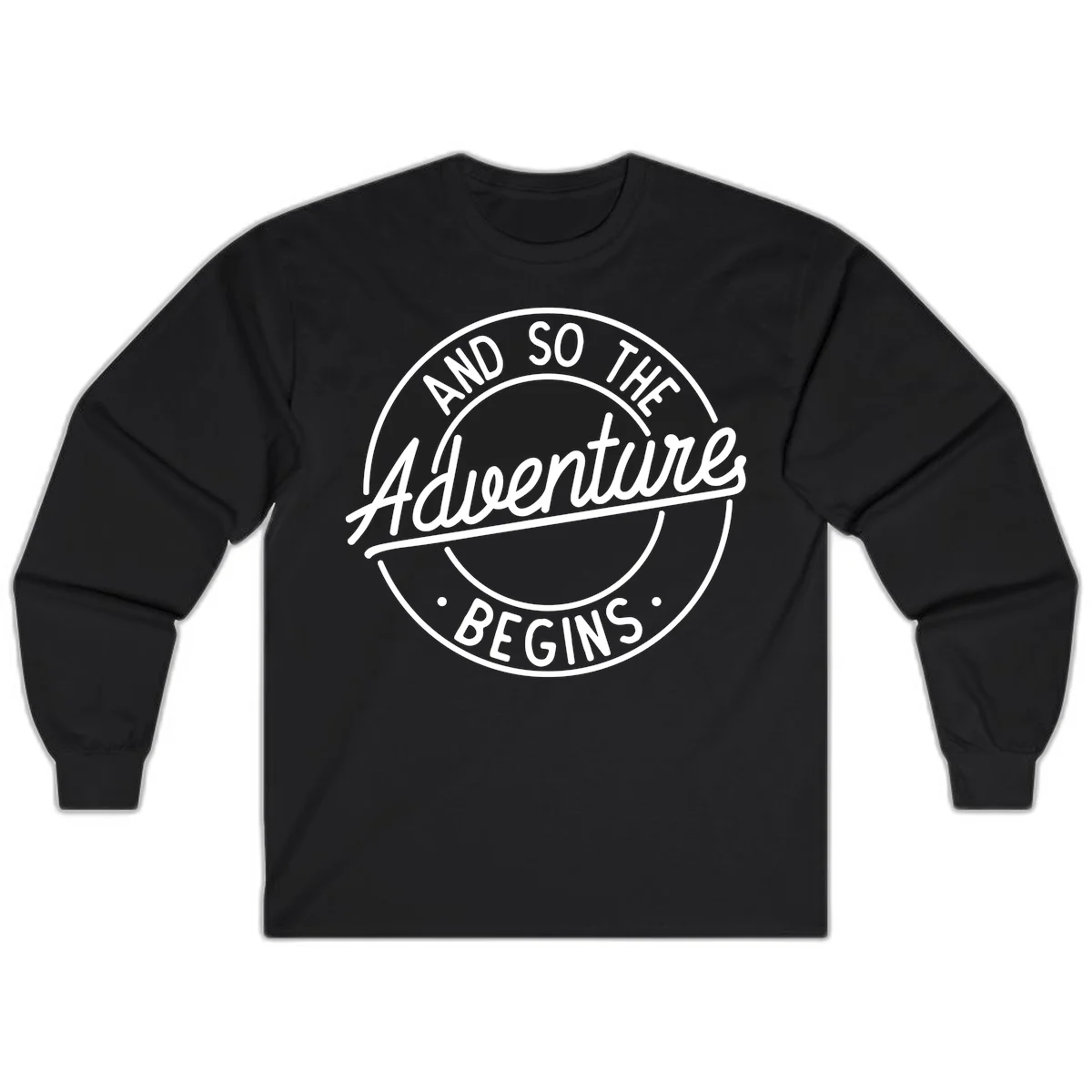 Vintage circular badge design with white text reading 'And So The Adventure Begins' on gray background in Black