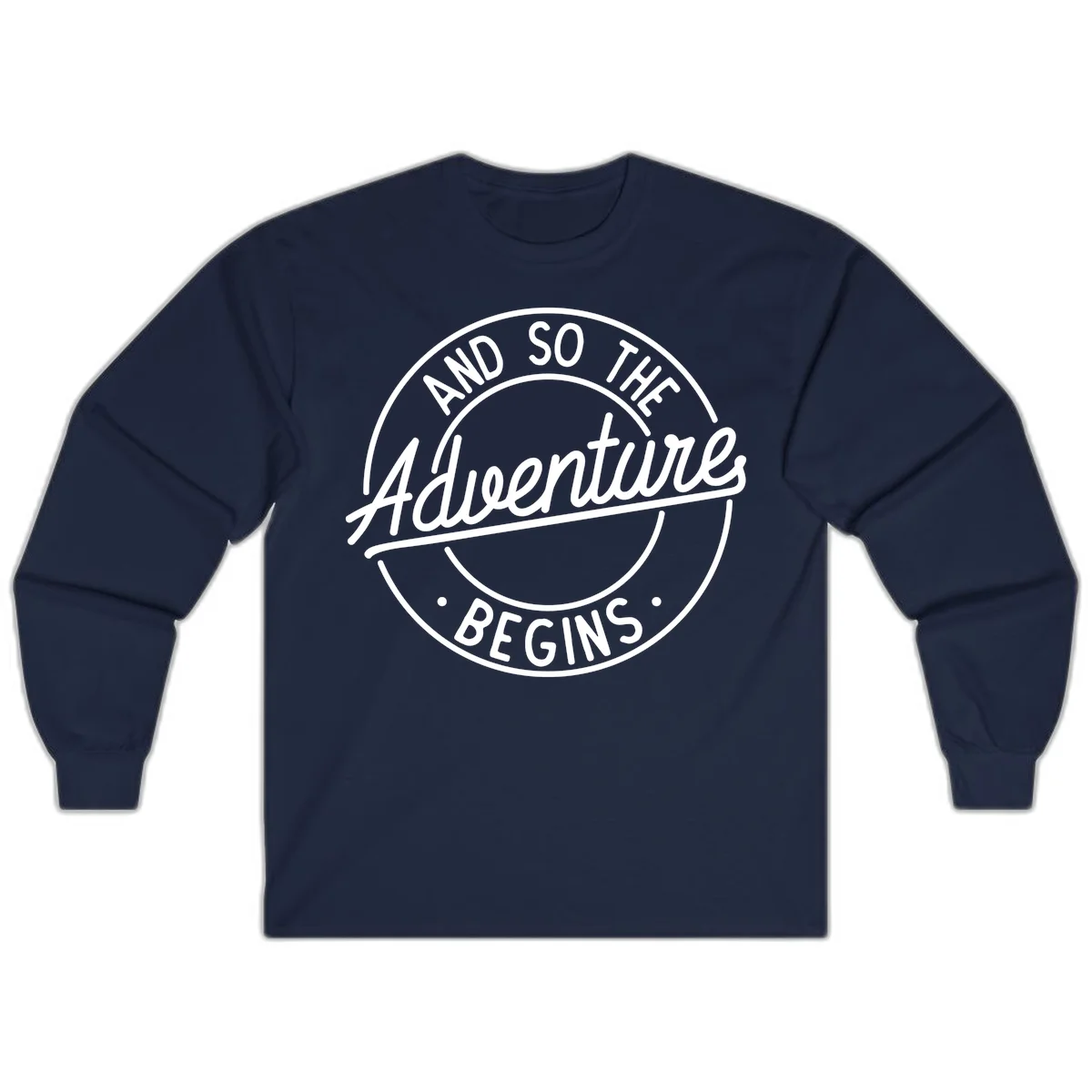 Vintage circular badge design with white text reading 'And So The Adventure Begins' on gray background in Navy