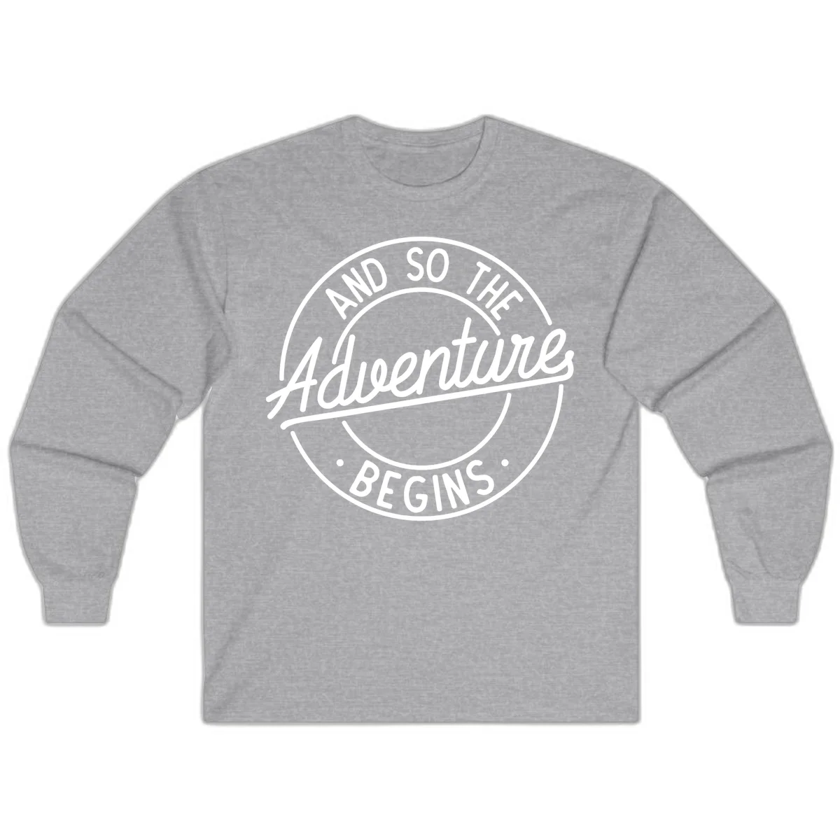 Vintage circular badge design with white text reading 'And So The Adventure Begins' on gray background in Sport Grey