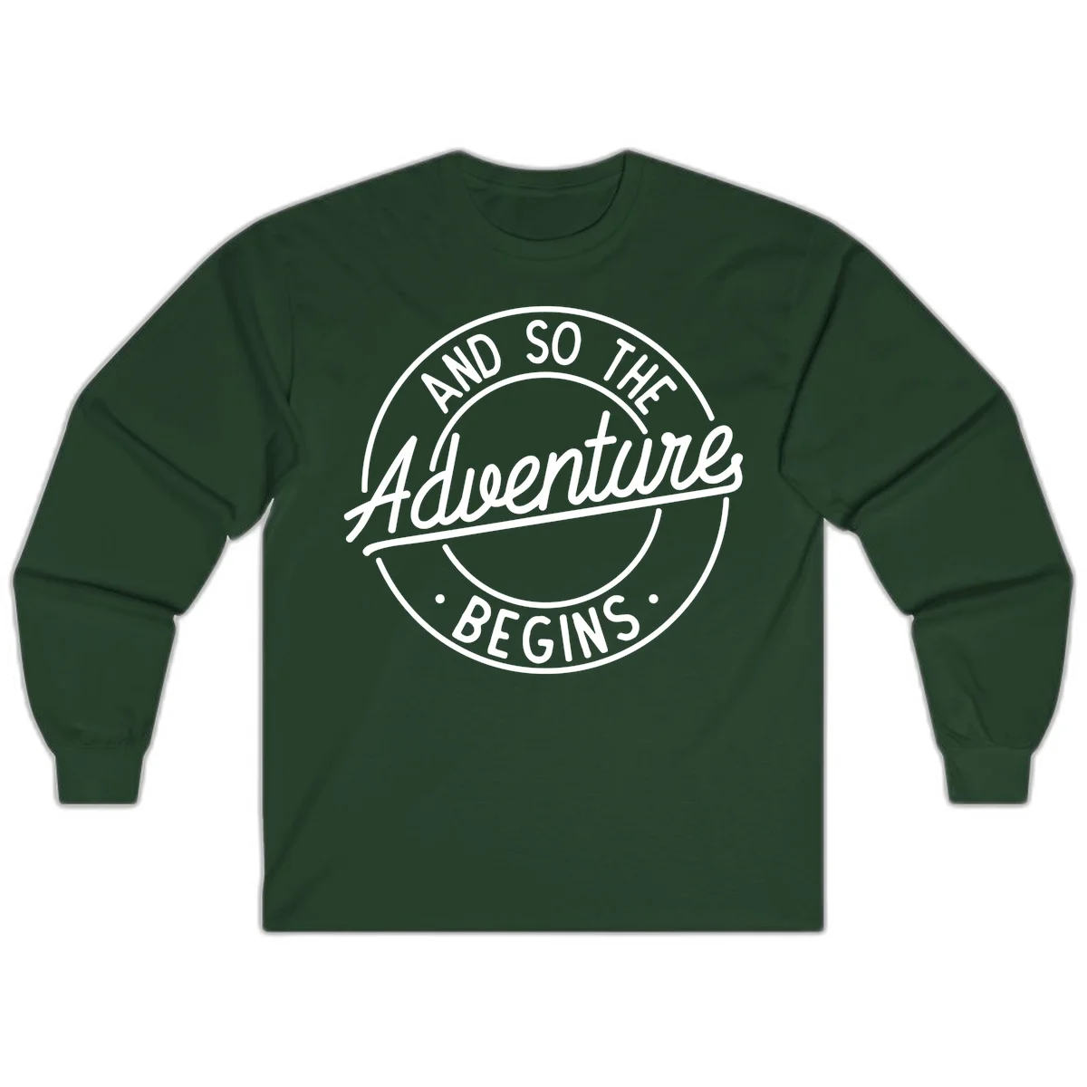 Vintage circular badge design with white text reading 'And So The Adventure Begins' on gray background in Forest Green