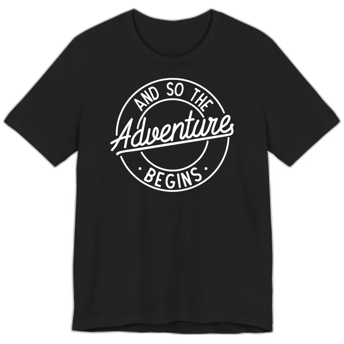 Vintage circular badge design with white text reading 'And So The Adventure Begins' on gray background in Black