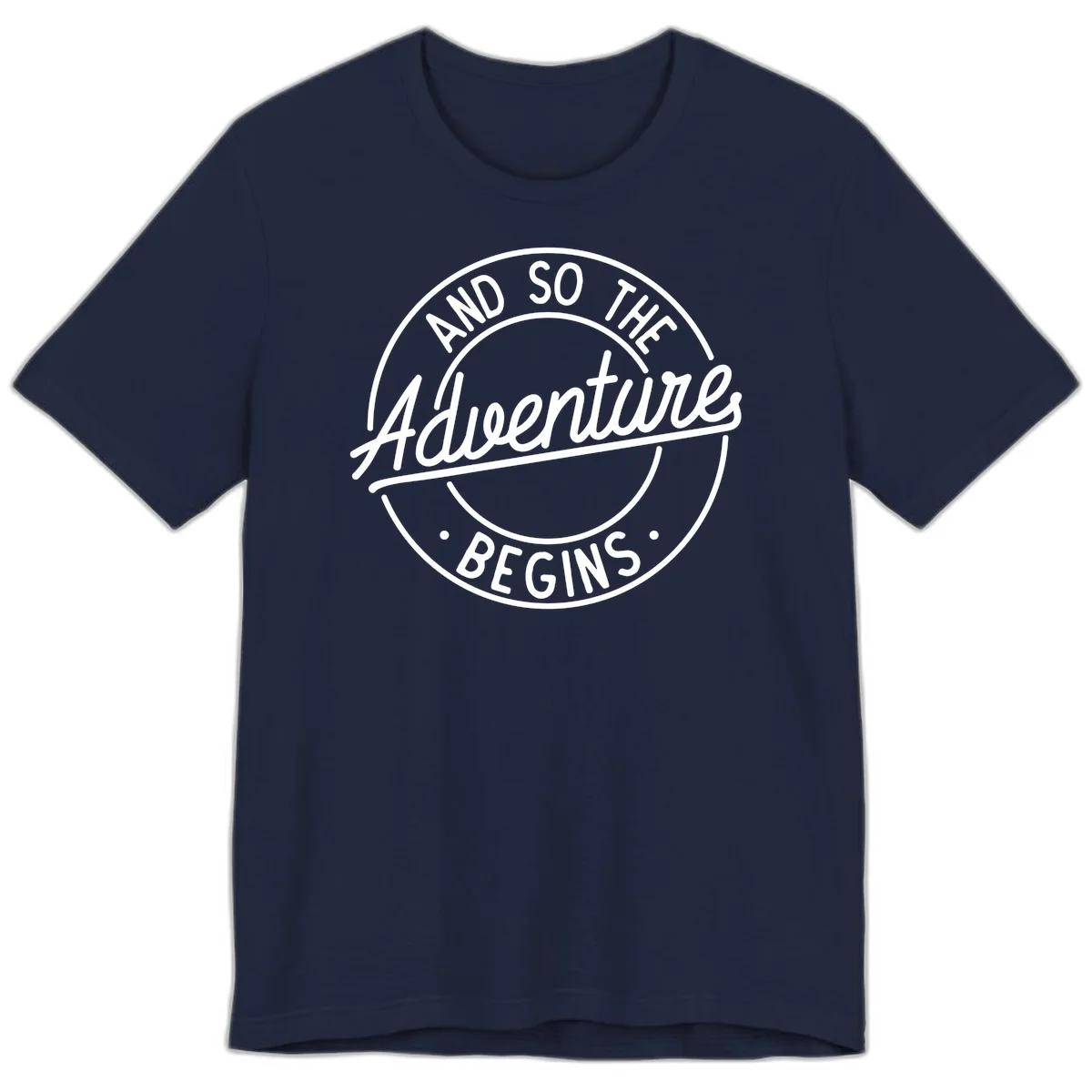 Vintage circular badge design with white text reading 'And So The Adventure Begins' on gray background in Navy