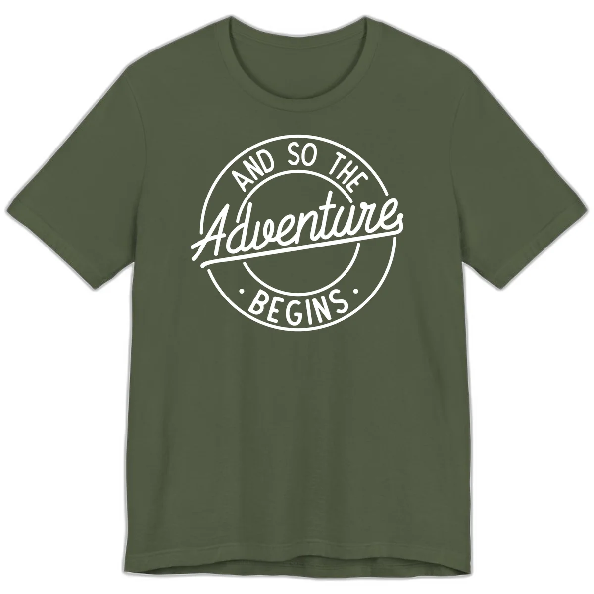 Vintage circular badge design with white text reading 'And So The Adventure Begins' on gray background in Military Green